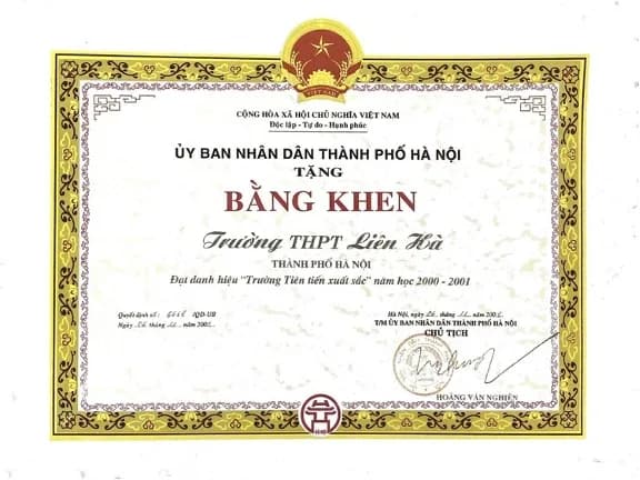 Tư liệu bằng khen, giấy khen của Trường THPT Liên Hà 1