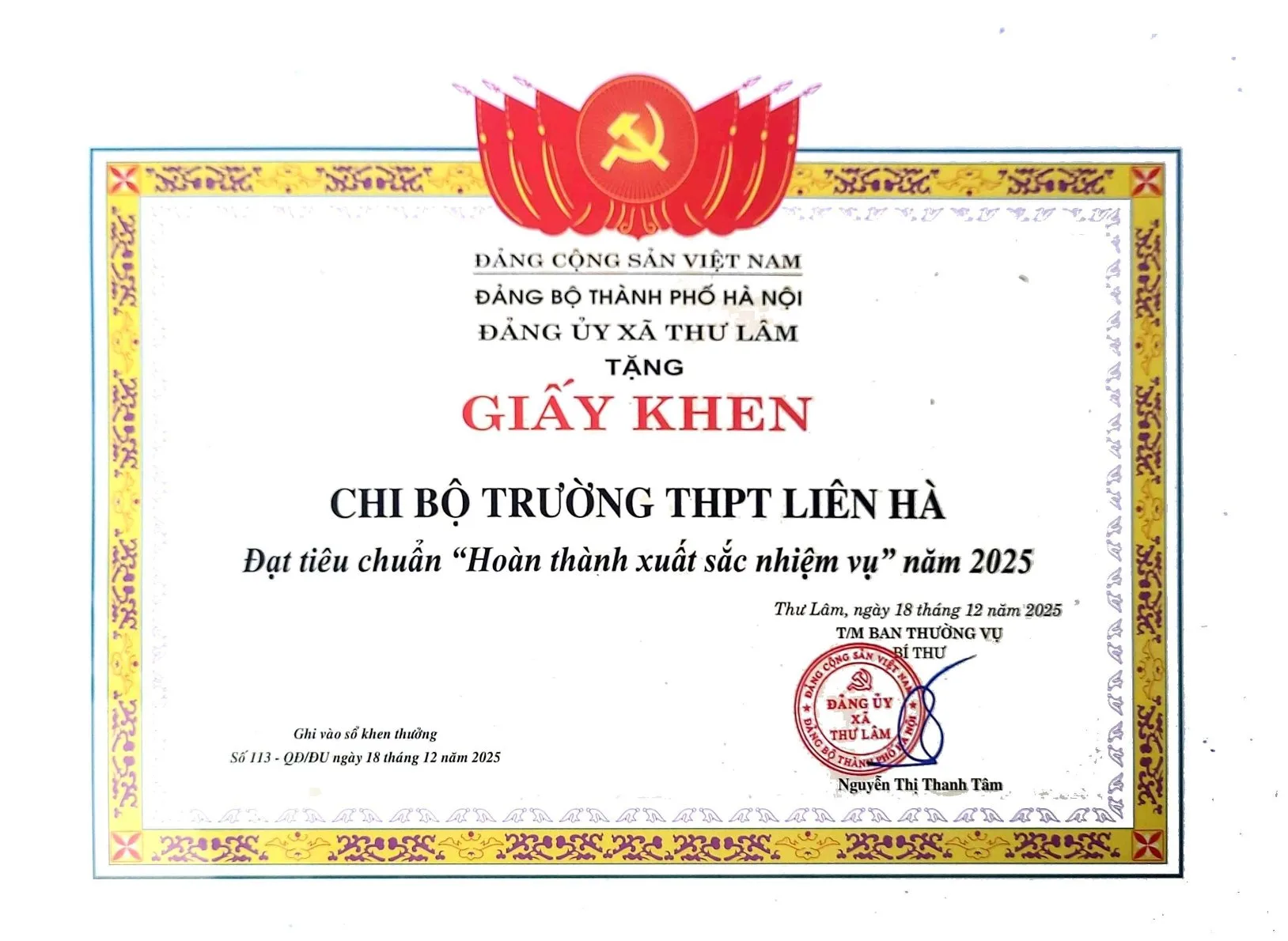 Giấy khen, bằng khen Chi bộ Trường THPT Liên Hà 7